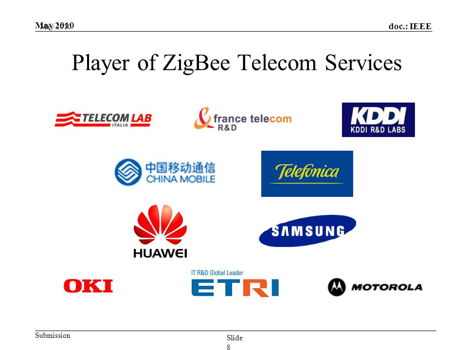 doc.: IEEE Submission May 2010 Slide 8 Player of ZigBee Telecom Services