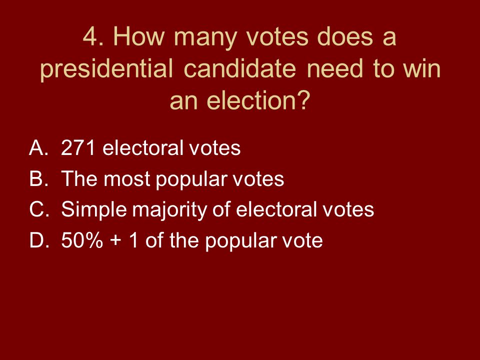 4. How many votes does a presidential candidate need to win an election.