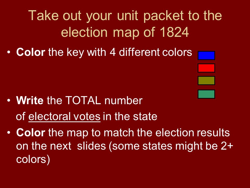 Take out your unit packet to the election map of 1824 Color the key with 4 different colors Write the TOTAL number of electoral votes in the state Color the map to match the election results on the next slides (some states might be 2+ colors)