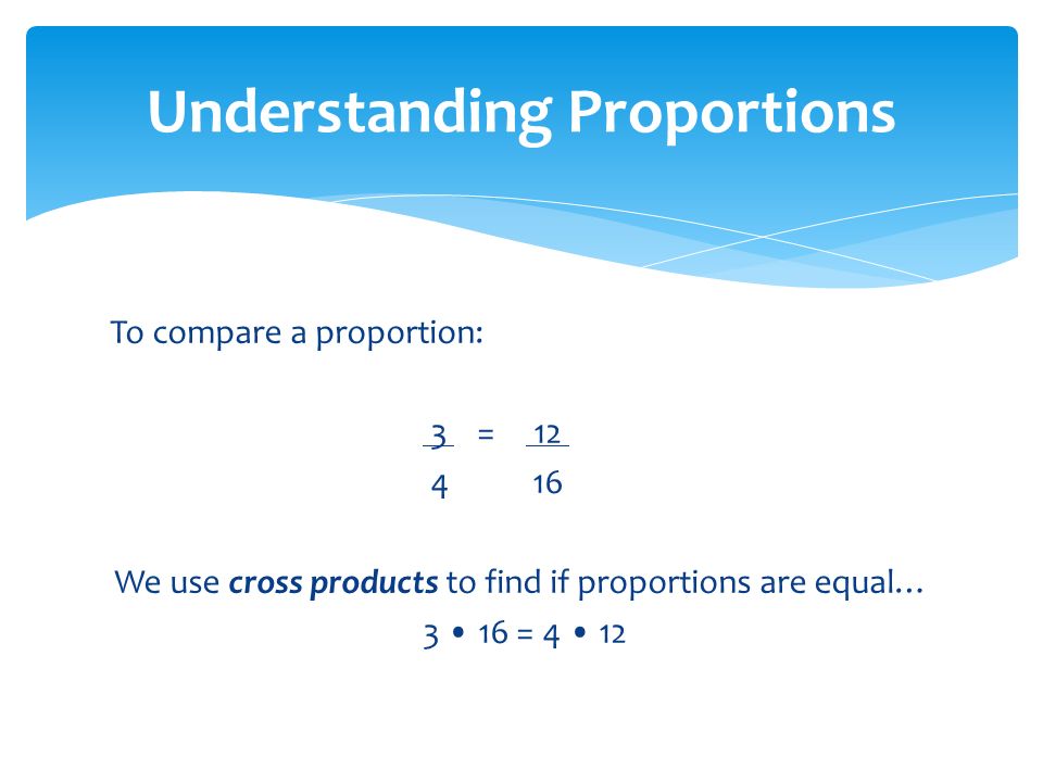 To compare a proportion: 3 = We use cross products to find if proportions are equal… 3 16 = 4 12 Understanding Proportions