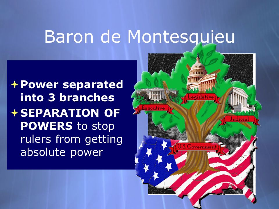 Baron de Montesquieu  Power separated into 3 branches  SEPARATION OF POWERS to stop rulers from getting absolute power  Power separated into 3 branches  SEPARATION OF POWERS to stop rulers from getting absolute power