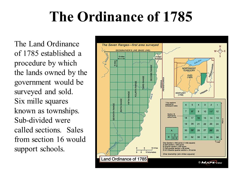 The Ordinance of 1785 The Land Ordinance of 1785 established a procedure by which the lands owned by the government would be surveyed and sold.