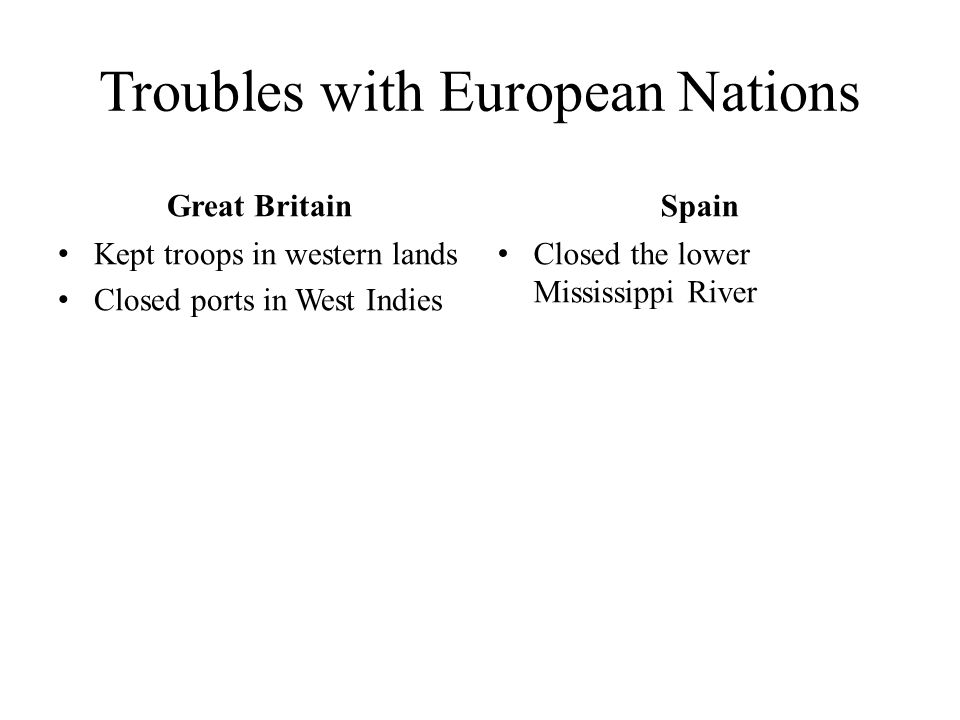 Troubles with European Nations Great Britain Kept troops in western lands Closed ports in West Indies Spain Closed the lower Mississippi River