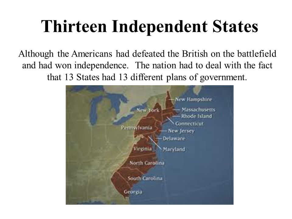 Thirteen Independent States Although the Americans had defeated the British on the battlefield and had won independence.