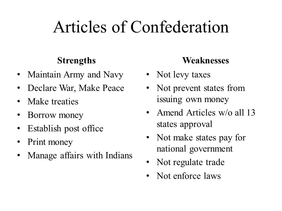 Articles of Confederation Strengths Maintain Army and Navy Declare War, Make Peace Make treaties Borrow money Establish post office Print money Manage affairs with Indians Weaknesses Not levy taxes Not prevent states from issuing own money Amend Articles w/o all 13 states approval Not make states pay for national government Not regulate trade Not enforce laws