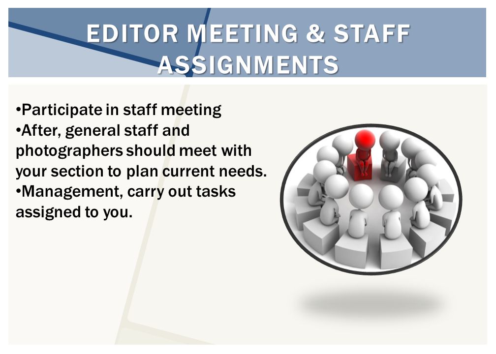 EDITOR MEETING & STAFF ASSIGNMENTS Participate in staff meeting After, general staff and photographers should meet with your section to plan current needs.