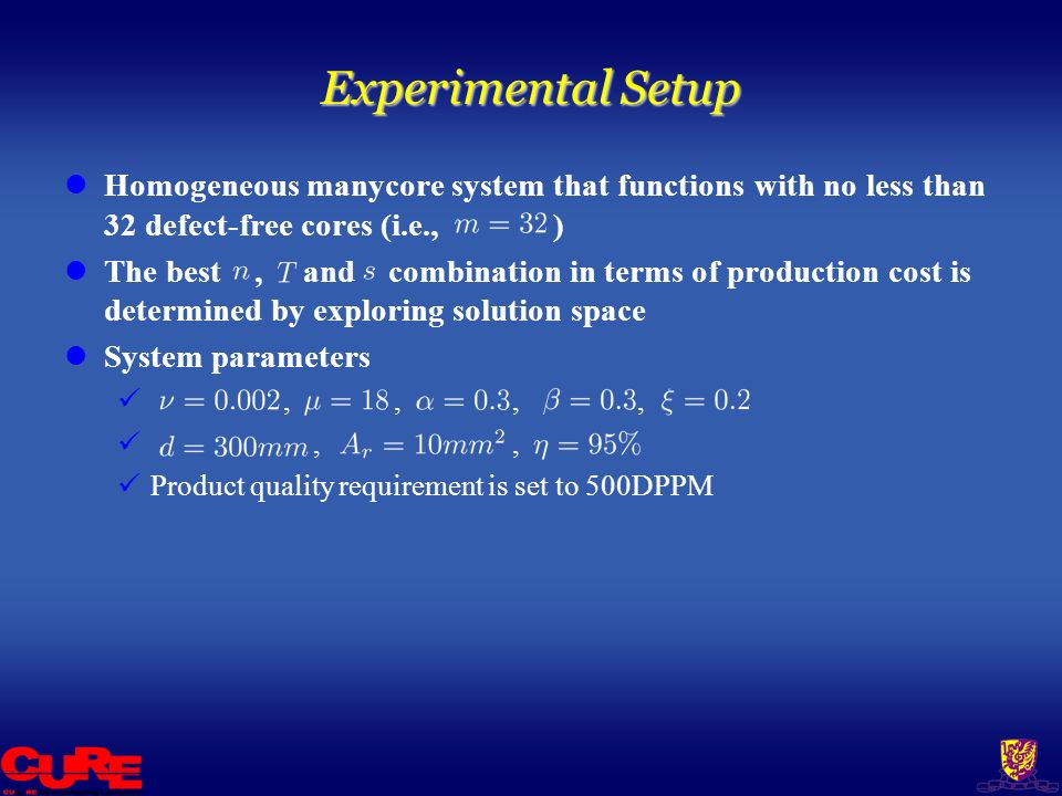 Experimental Setup Homogeneous manycore system that functions with no less than 32 defect-free cores (i.e., ) The best, and combination in terms of production cost is determined by exploring solution space System parameters,,,,,, Product quality requirement is set to 500DPPM