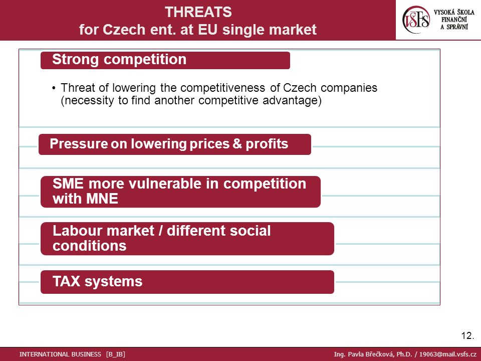 Threat of lowering the competitiveness of Czech companies (necessity to find another competitive advantage) Strong competition Pressure on lowering prices & profits SME more vulnerable in competition with MNE Labour market / different social conditions TAX systems 12.