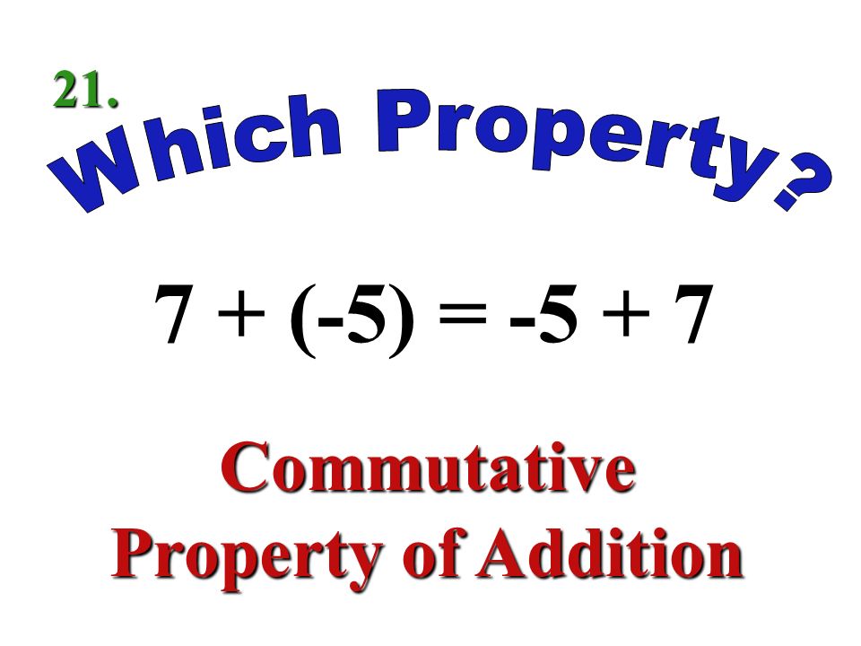 6 + [(3 + (-2)] = (6 + 3) + (- 2) Associative Property of Addition 20.