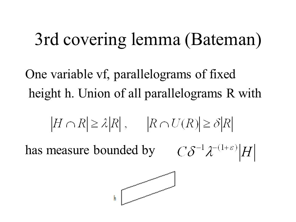 3rd covering lemma (Bateman) One variable vf, parallelograms of fixed height h.
