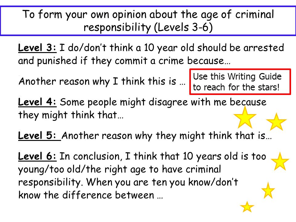 Writing guide Level 3: I do/don’t think a 10 year old should be arrested and punished if they commit a crime because… Another reason why I think this is … Level 4: Some people might disagree with me because they might think that… Level 5: Another reason why they might think that is… Level 6: In conclusion, I think that 10 years old is too young/too old/the right age to have criminal responsibility.