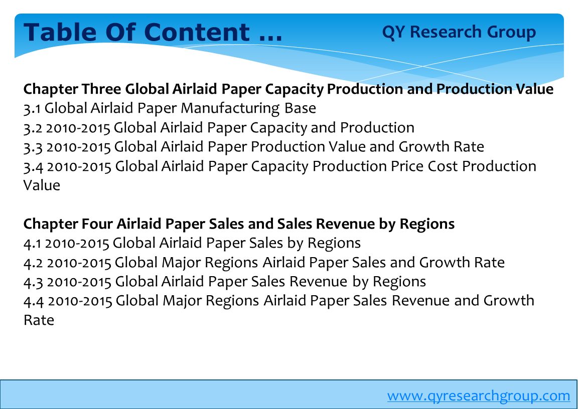 Table Of Content … Chapter Three Global Airlaid Paper Capacity Production and Production Value 3.1 Global Airlaid Paper Manufacturing Base Global Airlaid Paper Capacity and Production Global Airlaid Paper Production Value and Growth Rate Global Airlaid Paper Capacity Production Price Cost Production Value Chapter Four Airlaid Paper Sales and Sales Revenue by Regions Global Airlaid Paper Sales by Regions Global Major Regions Airlaid Paper Sales and Growth Rate Global Airlaid Paper Sales Revenue by Regions Global Major Regions Airlaid Paper Sales Revenue and Growth Rate QY Research Group
