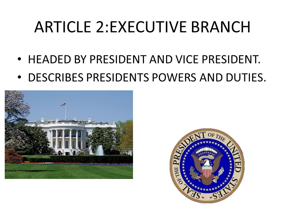 ARTICLE 2:EXECUTIVE BRANCH HEADED BY PRESIDENT AND VICE PRESIDENT.