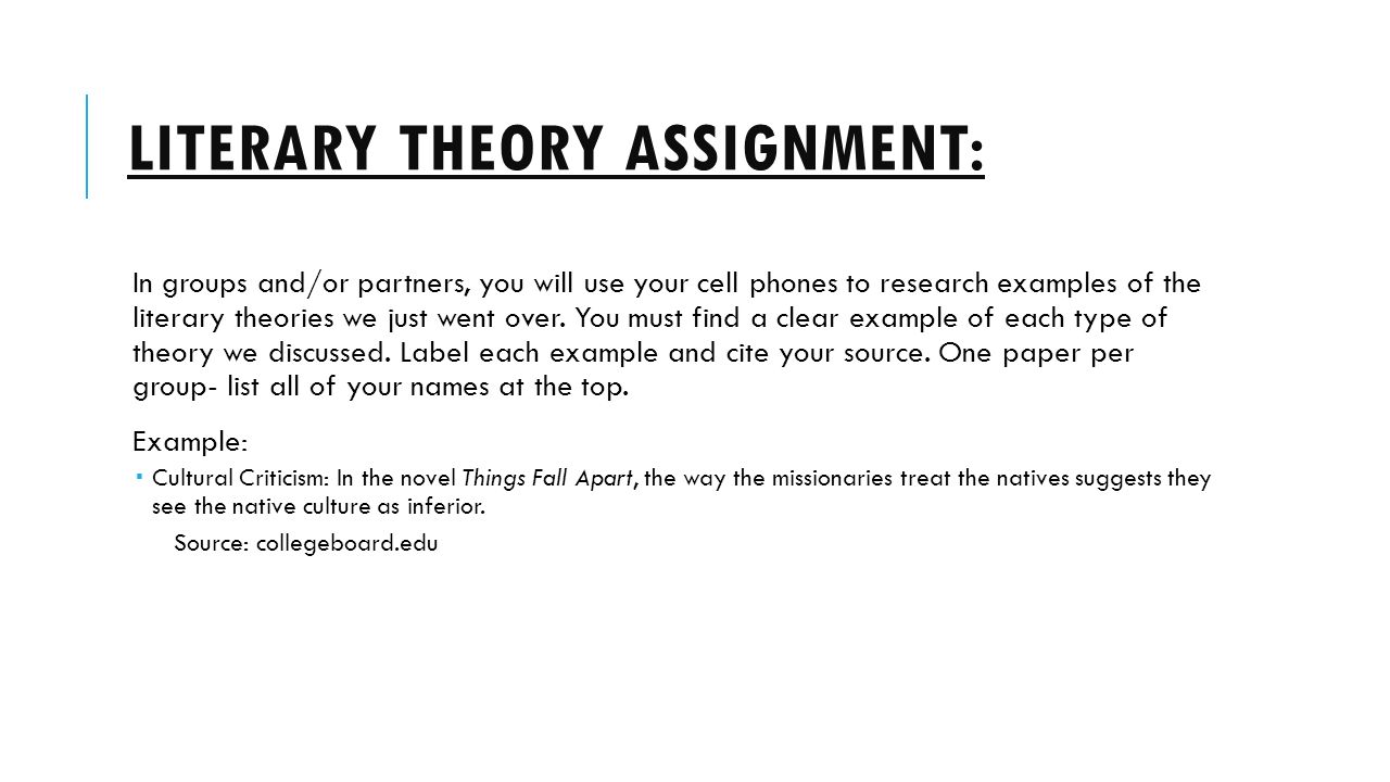 LITERARY THEORY ASSIGNMENT: In groups and/or partners, you will use your cell phones to research examples of the literary theories we just went over.