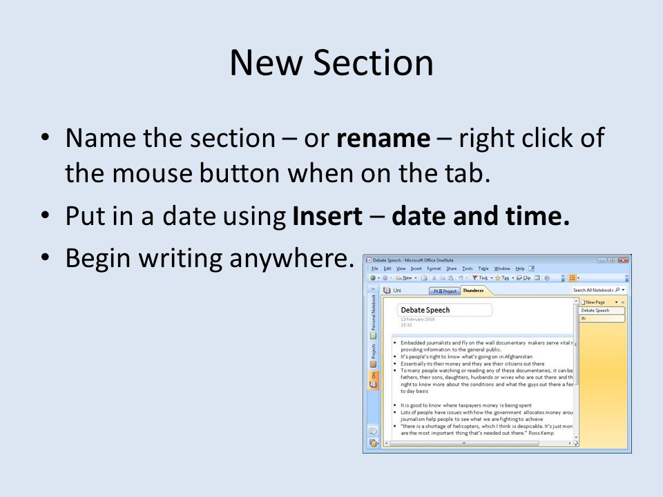 New Section Name the section – or rename – right click of the mouse button when on the tab.