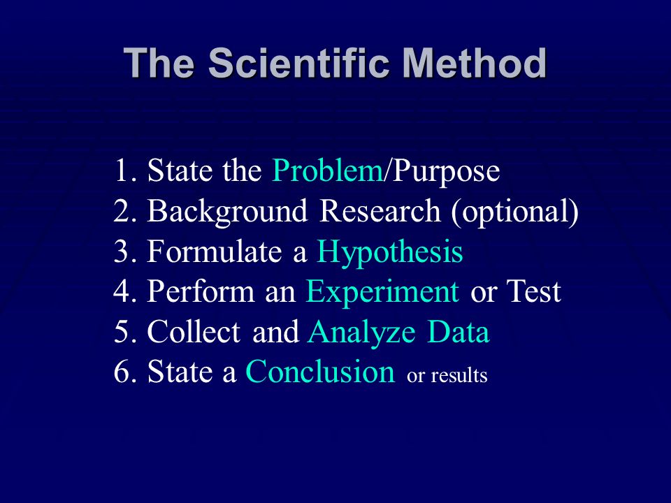 The Scientific Method 1.State the Problem/Purpose 2.Background Research (optional) 3.Formulate a Hypothesis 4.Perform an Experiment or Test 5.Collect and Analyze Data 6.State a Conclusion or results