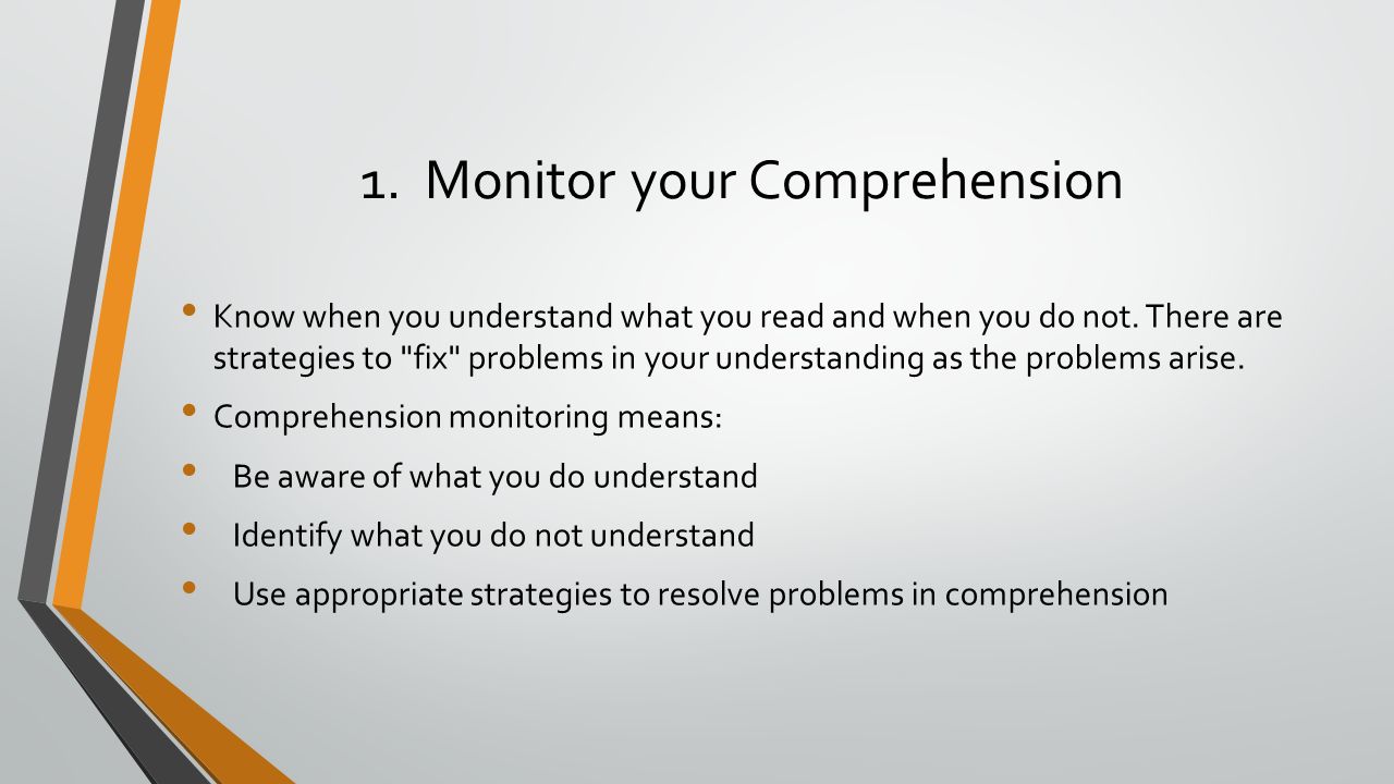 1. Monitor your Comprehension Know when you understand what you read and when you do not.