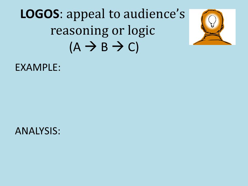 LOGOS: appeal to audience’s reasoning or logic (A  B  C) EXAMPLE: ANALYSIS: