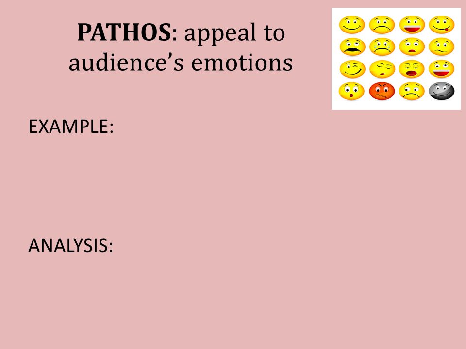 PATHOS: appeal to audience’s emotions EXAMPLE: ANALYSIS:
