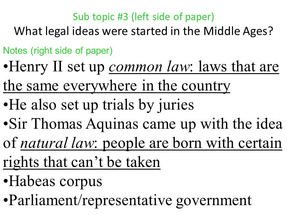 Sub topic #3 (left side of paper) What legal ideas were started in the Middle Ages.