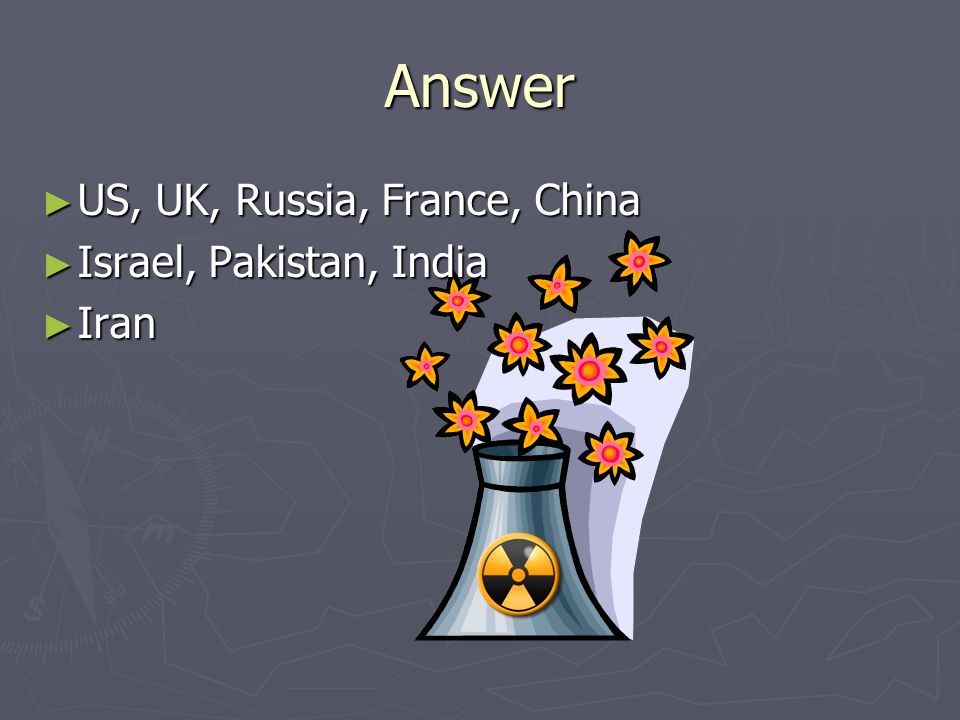 Answer ► US, UK, Russia, France, China ► Israel, Pakistan, India ► Iran