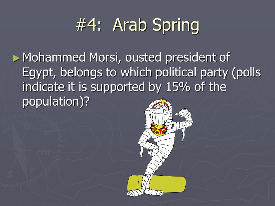 #4: Arab Spring ► Mohammed Morsi, ousted president of Egypt, belongs to which political party (polls indicate it is supported by 15% of the population)