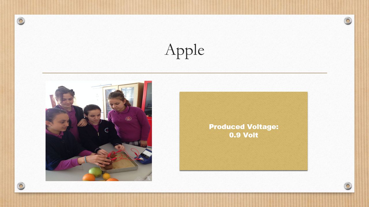 Apple Produced Voltage: 0.9 Volt Produced Voltage: 0.9 Volt