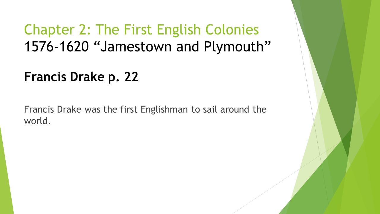 Chapter 2: The First English Colonies Jamestown and Plymouth Francis Drake p.
