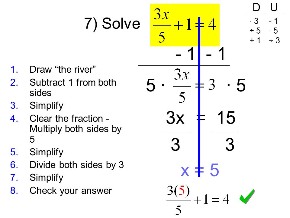 · · 5 3x = x = 5 7) Solve 1.Draw the river 2.Subtract 1 from both sides 3.Simplify 4.Clear the fraction - Multiply both sides by 5 5.Simplify 6.Divide both sides by 3 7.Simplify 8.Check your answer D U · 3 ÷ · 5 ÷ 3