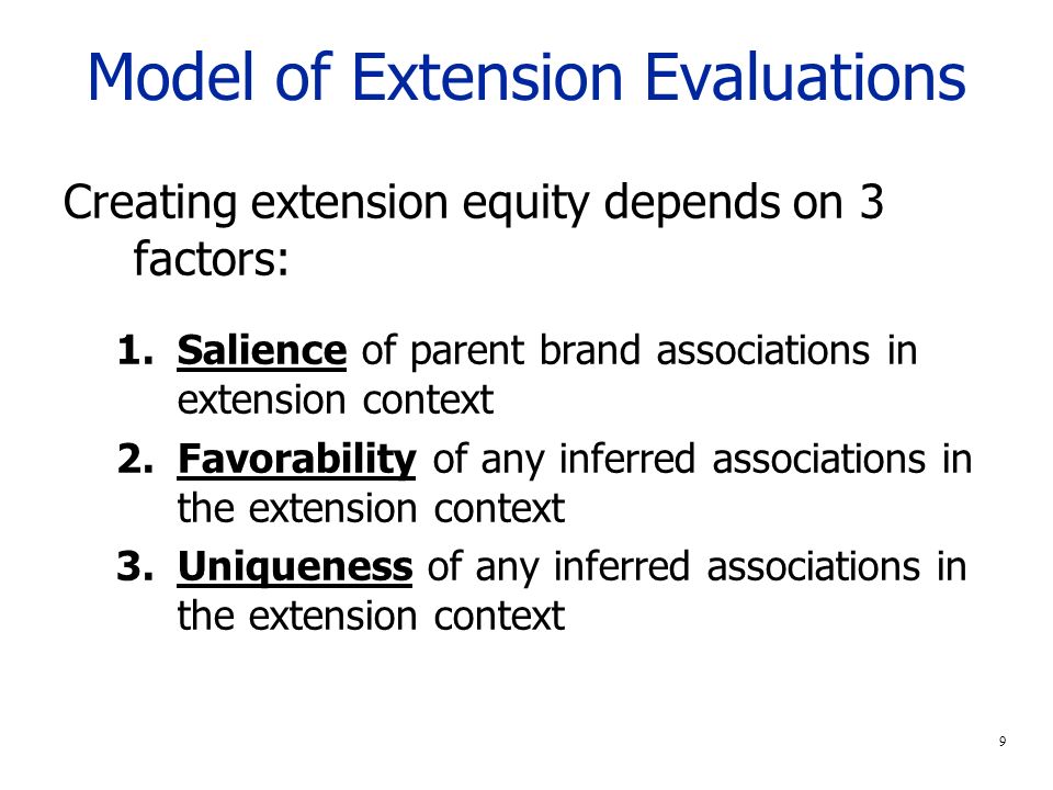9 Model of Extension Evaluations Creating extension equity depends on 3 factors: 1.Salience of parent brand associations in extension context 2.Favorability of any inferred associations in the extension context 3.Uniqueness of any inferred associations in the extension context