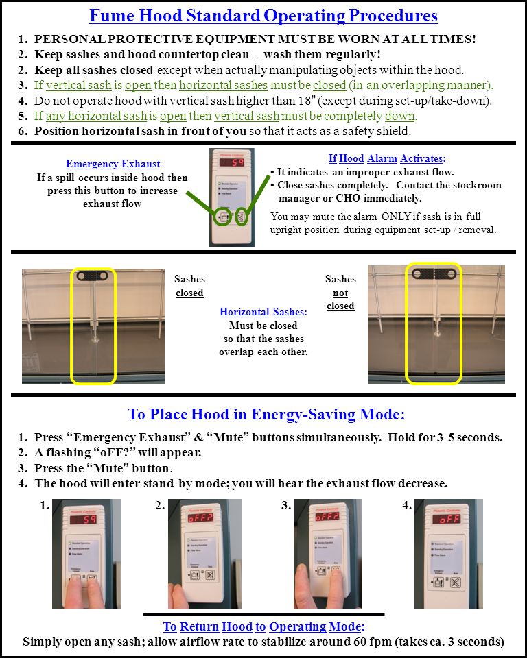 emergency exhaust if a spill occurs inside hood then press fume hood sashes