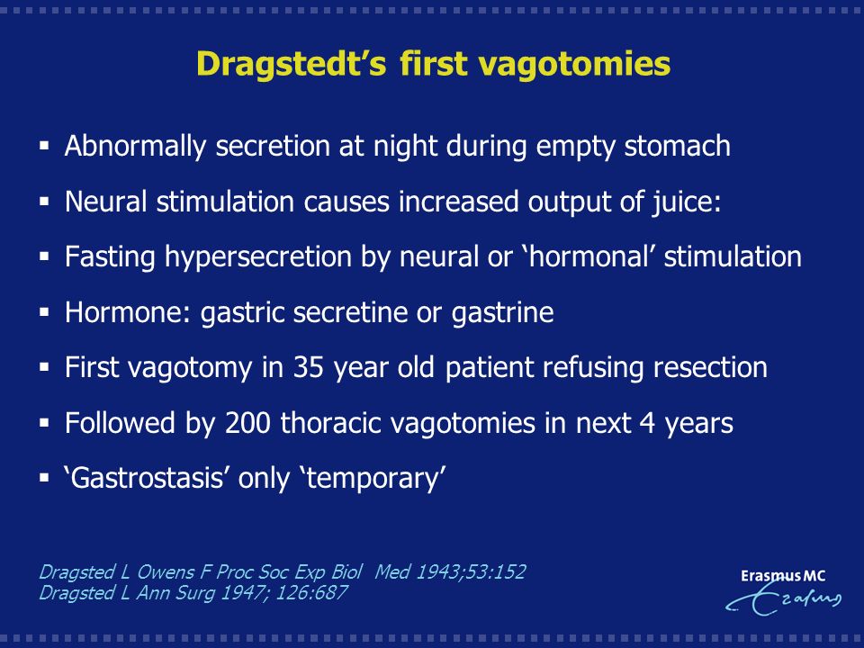 Dragstedt’s first vagotomies  Abnormally secretion at night during empty stomach  Neural stimulation causes increased output of juice:  Fasting hypersecretion by neural or ‘hormonal’ stimulation  Hormone: gastric secretine or gastrine  First vagotomy in 35 year old patient refusing resection  Followed by 200 thoracic vagotomies in next 4 years  ‘Gastrostasis’ only ‘temporary’ Dragsted L Owens F Proc Soc Exp Biol Med 1943;53:152 Dragsted L Ann Surg 1947; 126:687