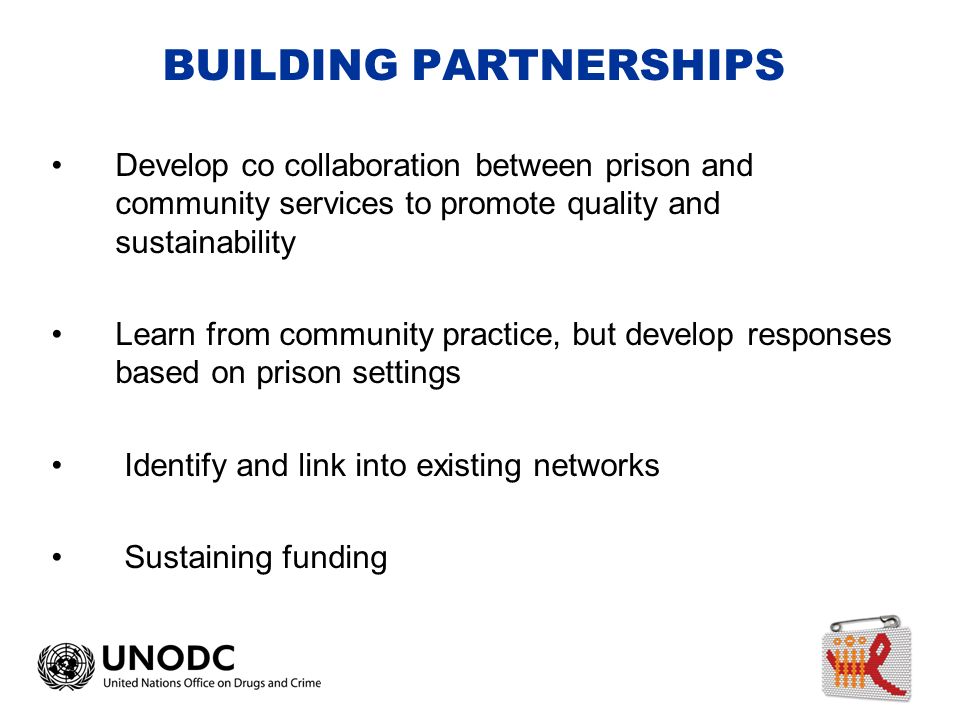 BUILDING PARTNERSHIPS Develop co collaboration between prison and community services to promote quality and sustainability Learn from community practice, but develop responses based on prison settings Identify and link into existing networks Sustaining funding