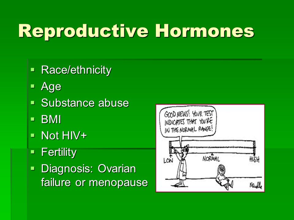 Reproductive Hormones  Race/ethnicity  Age  Substance abuse  BMI  Not HIV+  Fertility  Diagnosis: Ovarian failure or menopause