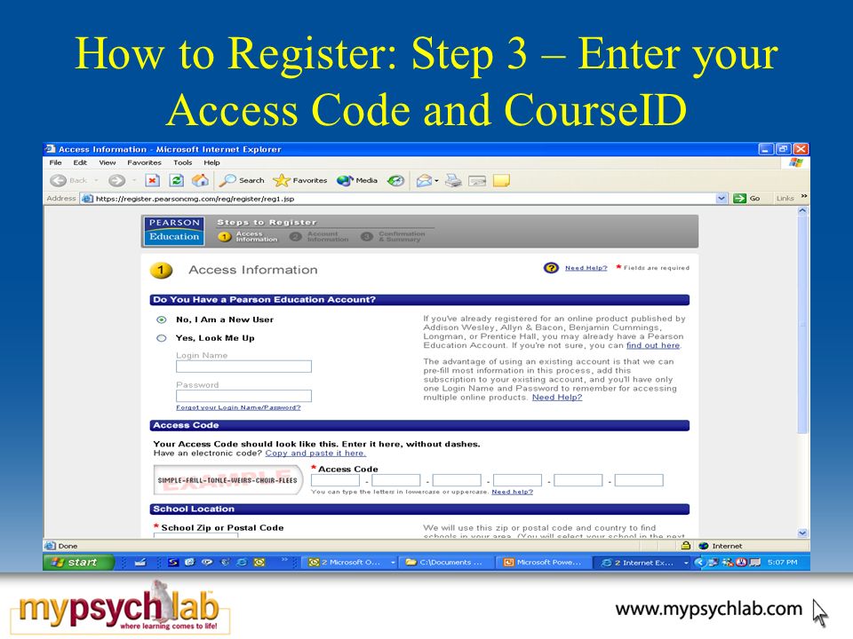 How to Register: Step 3 – Enter your Access Code and CourseID