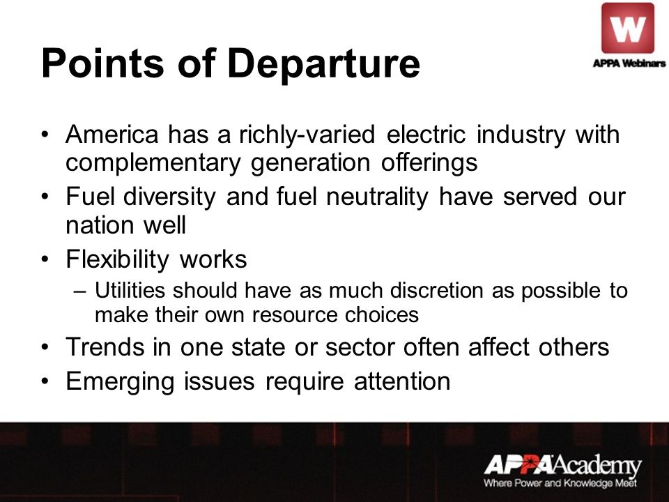 Points of Departure America has a richly-varied electric industry with complementary generation offerings Fuel diversity and fuel neutrality have served our nation well Flexibility works –Utilities should have as much discretion as possible to make their own resource choices Trends in one state or sector often affect others Emerging issues require attention