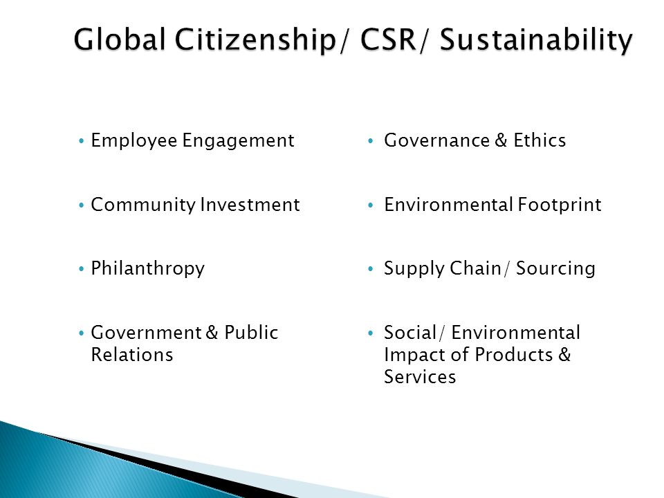 Global Citizenship/ CSR/ Sustainability Employee Engagement Community Investment Philanthropy Government & Public Relations Governance & Ethics Environmental Footprint Supply Chain/ Sourcing Social/ Environmental Impact of Products & Services