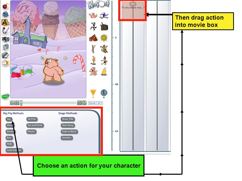 Choose an action for your character Then drag action into movie box