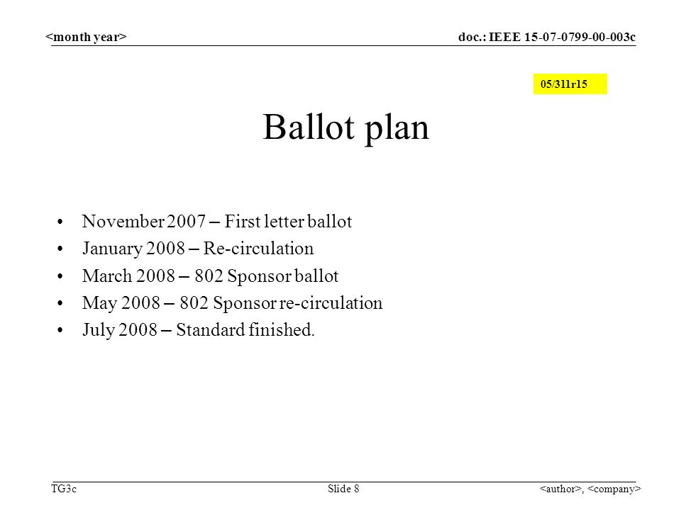 doc.: IEEE c TG3c, Slide 8 Ballot plan November 2007 – First letter ballot January 2008 – Re-circulation March 2008 – 802 Sponsor ballot May 2008 – 802 Sponsor re-circulation July 2008 – Standard finished.