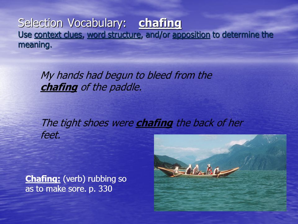 Selection Vocabulary: chafing Use context clues, word structure, and/or apposition to determine the meaning.