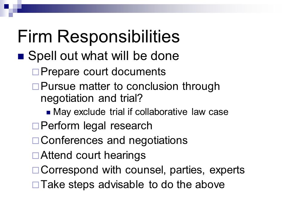 Firm Responsibilities Spell out what will be done  Prepare court documents  Pursue matter to conclusion through negotiation and trial.