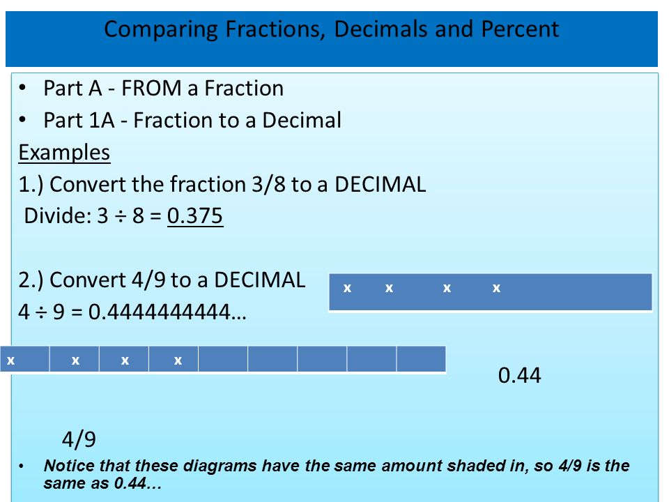 Comparing Fractions, Decimals and Percent x x x x x x x x