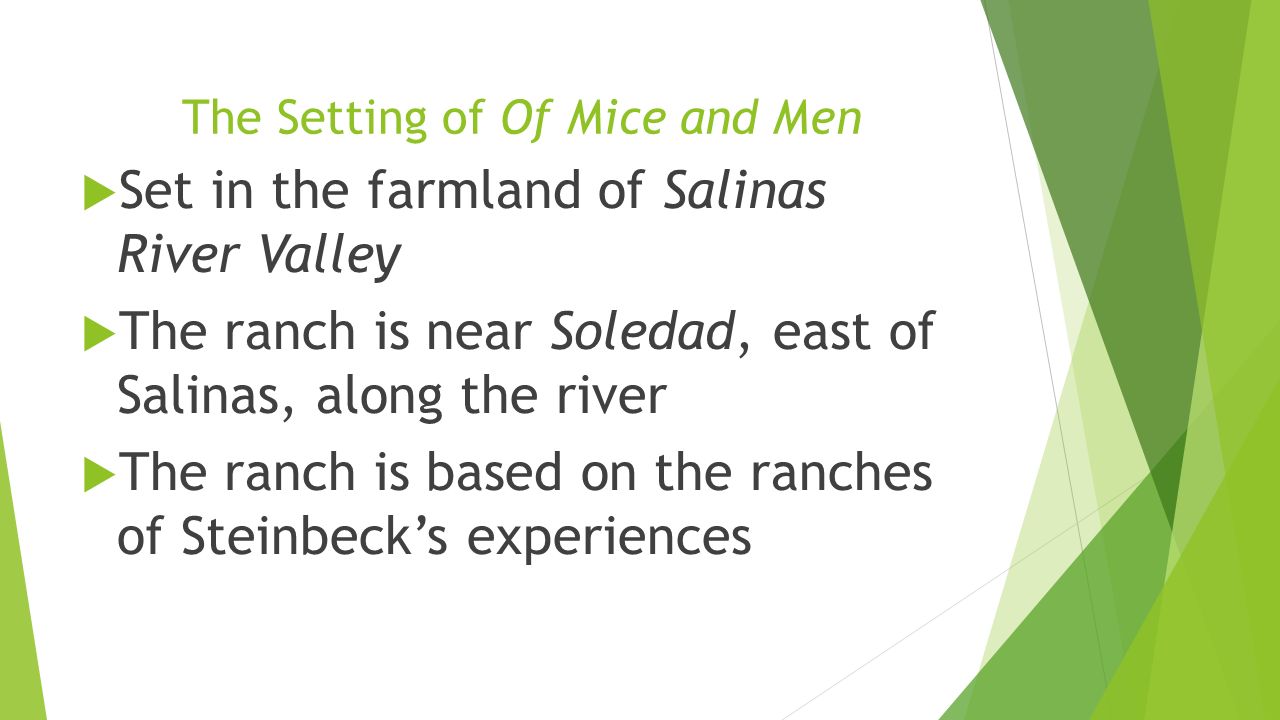 The Setting of Of Mice and Men  Set in the farmland of Salinas River Valley  The ranch is near Soledad, east of Salinas, along the river  The ranch is based on the ranches of Steinbeck’s experiences