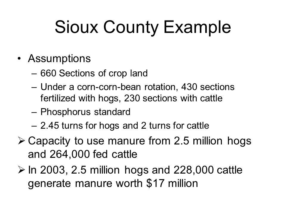 Sioux County Example Assumptions –660 Sections of crop land –Under a corn-corn-bean rotation, 430 sections fertilized with hogs, 230 sections with cattle –Phosphorus standard –2.45 turns for hogs and 2 turns for cattle  Capacity to use manure from 2.5 million hogs and 264,000 fed cattle  In 2003, 2.5 million hogs and 228,000 cattle generate manure worth $17 million