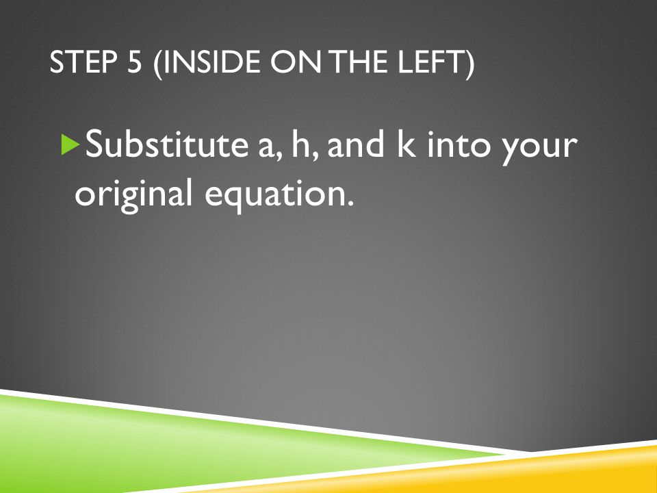 STEP 5 (INSIDE ON THE LEFT)  Substitute a, h, and k into your original equation.