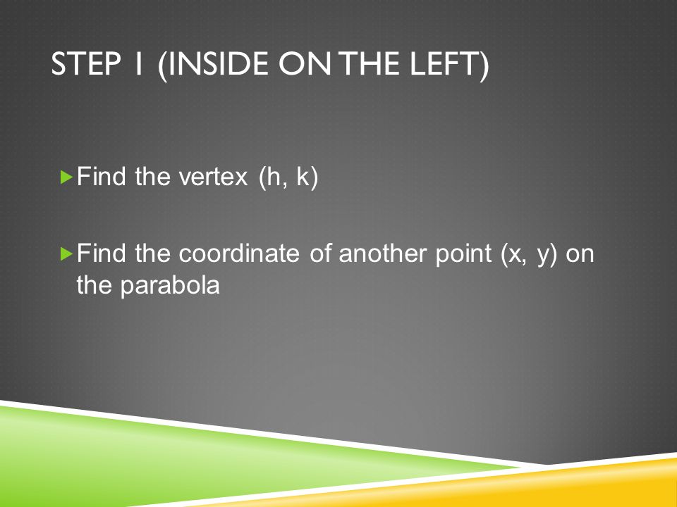 STEP 1 (INSIDE ON THE LEFT)  Find the vertex (h, k)  Find the coordinate of another point (x, y) on the parabola