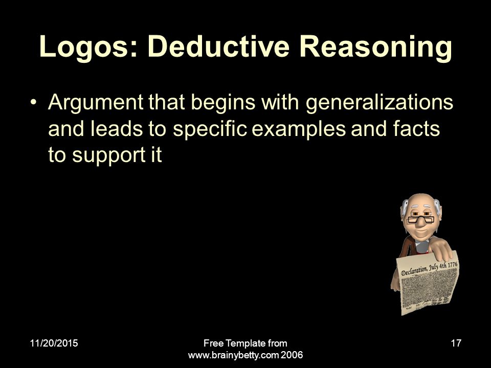 11/20/2015Free Template from Logos: Deductive Reasoning Argument that begins with generalizations and leads to specific examples and facts to support it