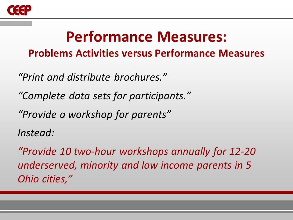 Performance Measures: Problems Activities versus Performance Measures Print and distribute brochures. Complete data sets for participants. Provide a workshop for parents Instead: Provide 10 two-hour workshops annually for underserved, minority and low income parents in 5 Ohio cities,