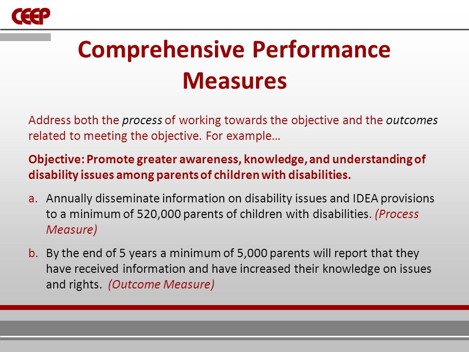 Comprehensive Performance Measures Address both the process of working towards the objective and the outcomes related to meeting the objective.