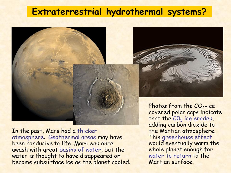 Extraterrestrial hydrothermal systems. In the past, Mars had a thicker atmosphere.